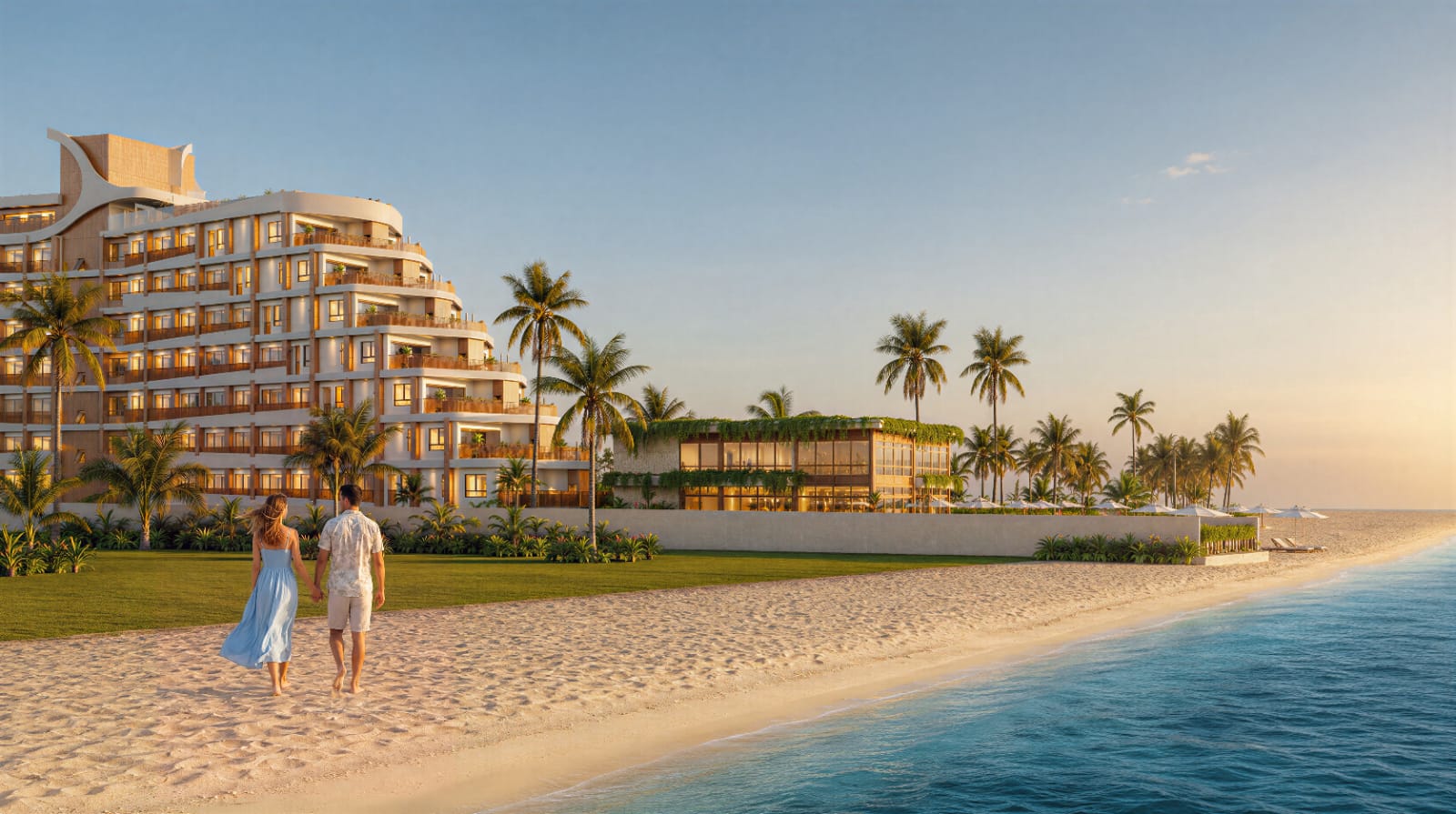Pareja caminando por la playa frente a un desarrollo DIMASIALS en Maragogi